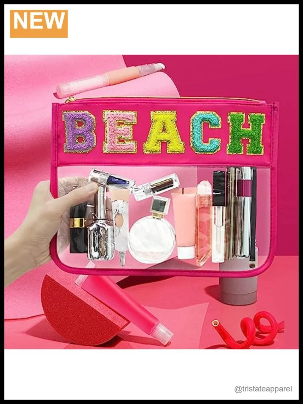 Clear Cosmetic Bag with Chenille Letters - Waterproof Travel Pouch
